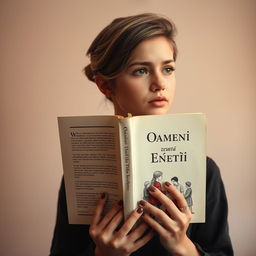 A beautiful girl holding a book without any title or author on the cover