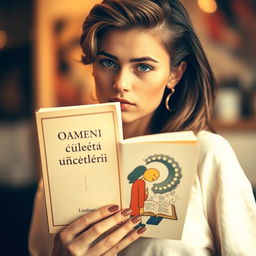 A beautiful girl holding a book without any title or author on the cover