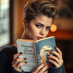 A beautiful girl holding a book without any title or author on the cover