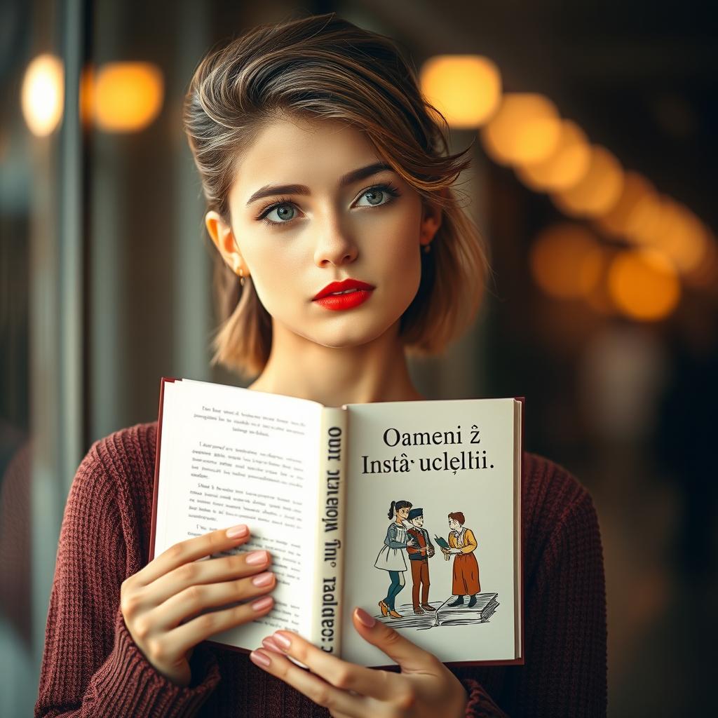 A beautiful girl holding a book without any title or author on the cover