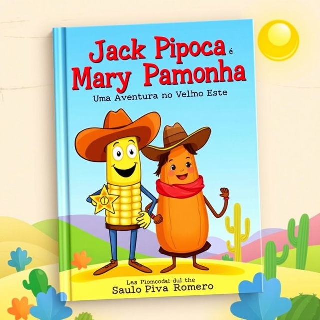 A colorful and playful book cover for a children's story titled 'Jack Pipoca e Mary Pamonha: Uma Aventura no Velho Oeste' by Saulo Piva Romero