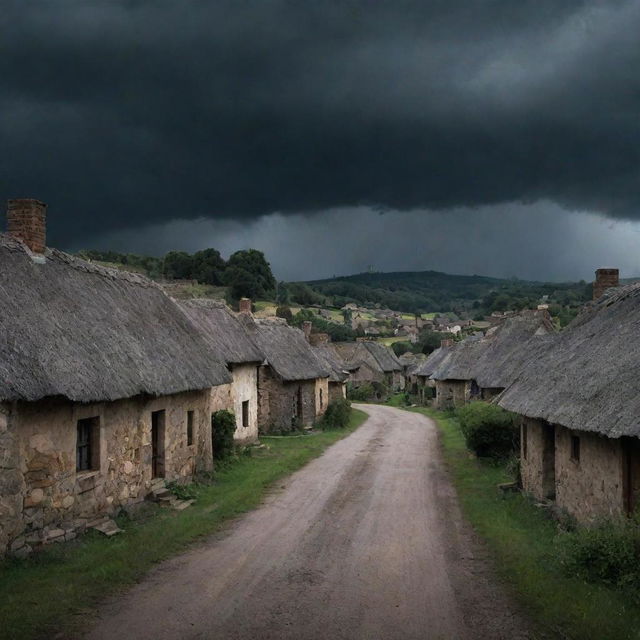 The same rustic village, now with a dramatically darkened sky overhead, signifying an impending storm or nightfall.