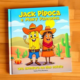 A colorful and playful book cover for a children's story titled 'Jack Pipoca e Mary Pamonha: Uma Aventura no Velho Oeste' by Saulo Piva Romero
