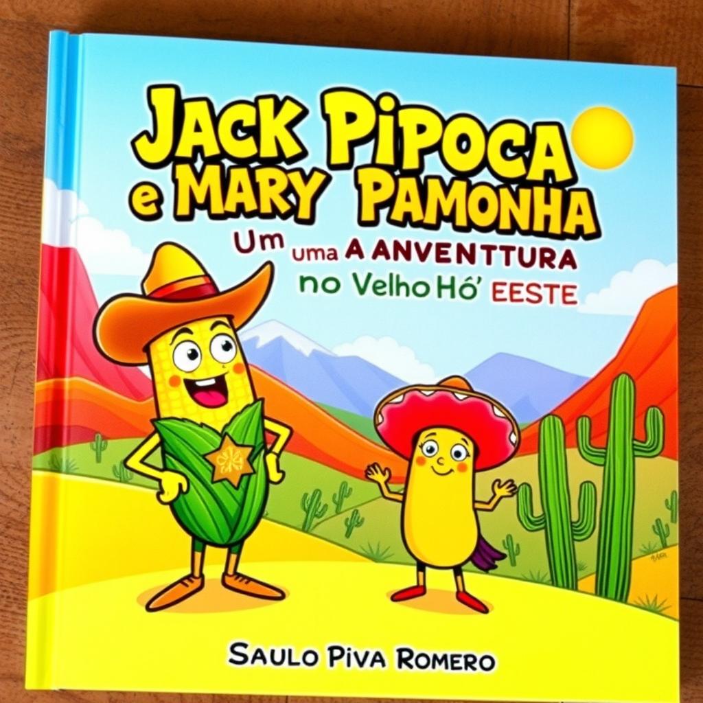 A colorful and playful book cover for a children's story titled 'Jack Pipoca e Mary Pamonha: Uma Aventura no Velho Oeste' by Saulo Piva Romero