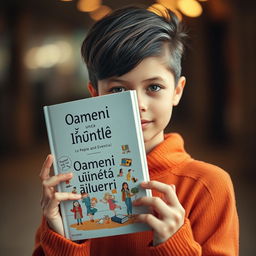 A captivating girl holding a book without any title or author on the cover