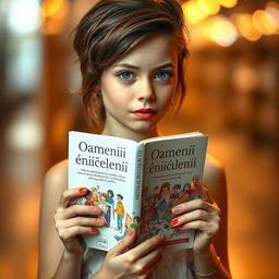 A captivating girl holding a book without any title or author on the cover