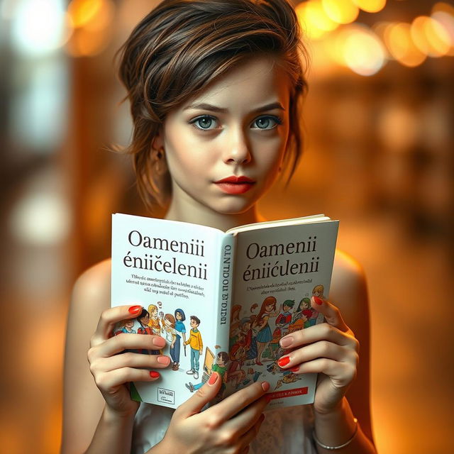 A captivating girl holding a book without any title or author on the cover