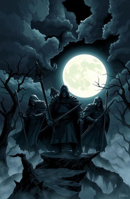 A dramatic and stylized illustration of a dark, gothic landscape where evil hunters, clad in ominous armor and cloaks, are emerging from the shadows