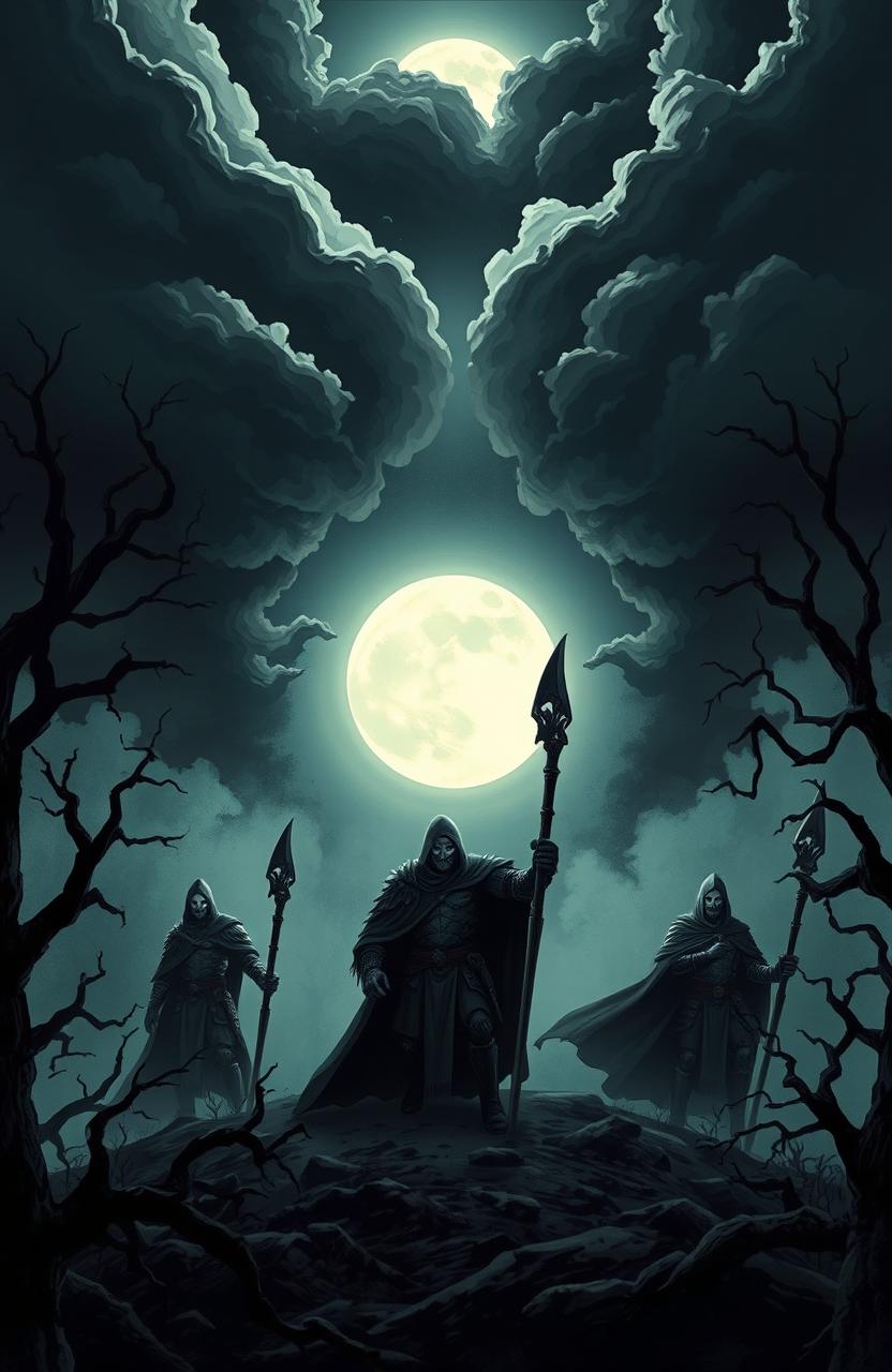 A dramatic and stylized illustration of a dark, gothic landscape where evil hunters, clad in ominous armor and cloaks, are emerging from the shadows