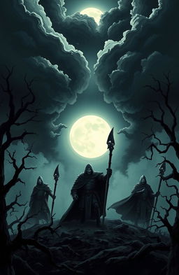 A dramatic and stylized illustration of a dark, gothic landscape where evil hunters, clad in ominous armor and cloaks, are emerging from the shadows