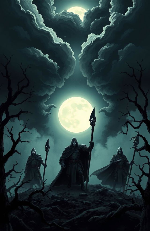 A dramatic and stylized illustration of a dark, gothic landscape where evil hunters, clad in ominous armor and cloaks, are emerging from the shadows