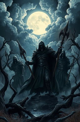A dramatic and stylized illustration of a dark, gothic landscape where evil hunters, clad in ominous armor and cloaks, are emerging from the shadows