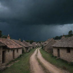 The same rustic village, now with a dramatically darkened sky overhead, signifying an impending storm or nightfall.