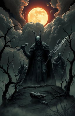 A dramatic and stylized illustration of a dark, gothic landscape where evil hunters, clad in ominous armor and cloaks, are emerging from the shadows