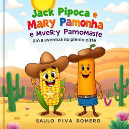A playful and colorful book cover for a children's story titled 'Jack Pipoca e Mary Pamonha: Uma Aventura no Velho Oeste' by Saulo Piva Romero
