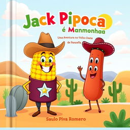 A playful and colorful book cover for a children's story titled 'Jack Pipoca e Mary Pamonha: Uma Aventura no Velho Oeste' by Saulo Piva Romero