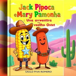 A playful and colorful book cover for a children's story titled 'Jack Pipoca e Mary Pamonha: Uma Aventura no Velho Oeste' by Saulo Piva Romero