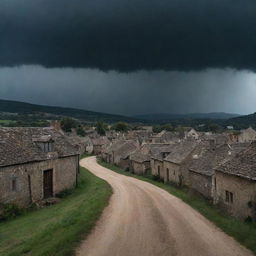 The same rustic village, now with a dramatically darkened sky overhead, signifying an impending storm or nightfall.