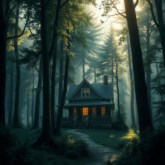 A book cover depicting a serene yet mysterious scene of a house nestled in the middle of a dense forest