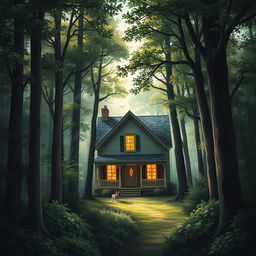 A book cover depicting a serene yet mysterious scene of a house nestled in the middle of a dense forest