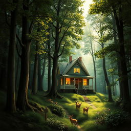 A book cover depicting a serene yet mysterious scene of a house nestled in the middle of a dense forest