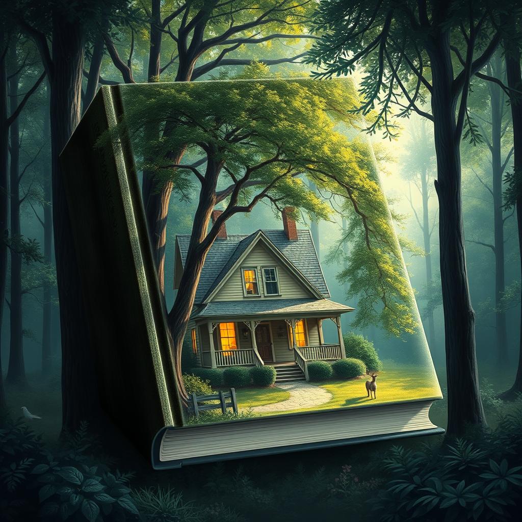 A book cover depicting a serene yet mysterious scene of a house nestled in the middle of a dense forest