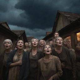 The inhabitants of the rustic village looking up to the darkened sky with expressions of surprise, awe, and fear.