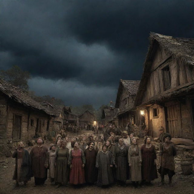 The inhabitants of the rustic village looking up to the darkened sky with expressions of surprise, awe, and fear.