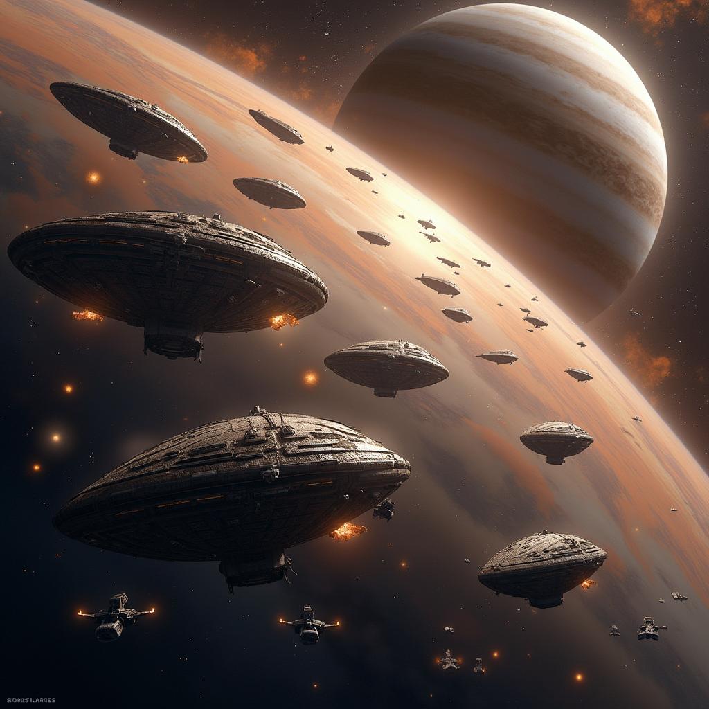 A spectacular space battle scene featuring five gigantic alien spaceships shaped like American footballs, engaging in an intense conflict with thirty smaller human spaceships