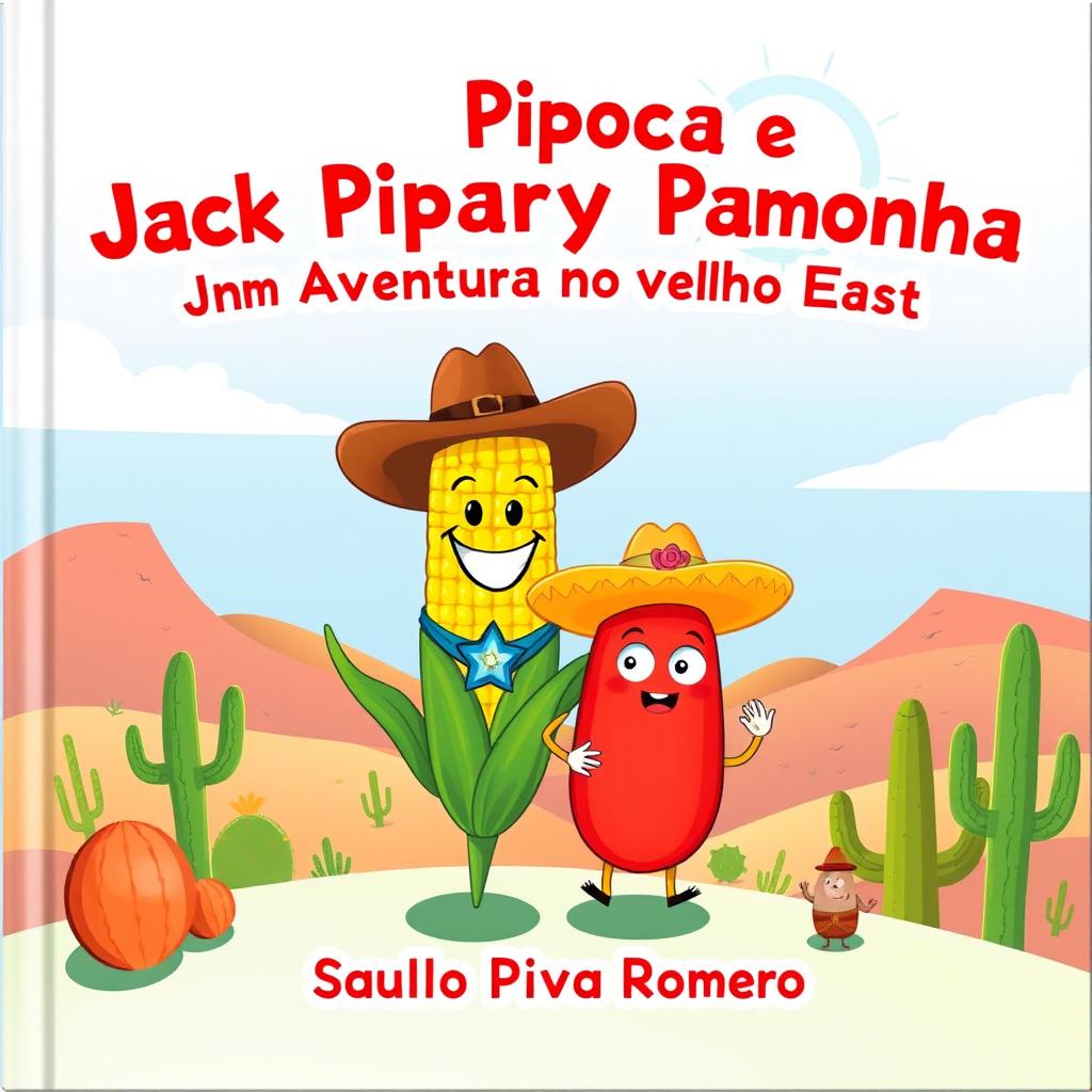 A delightful book cover for a children's story titled 'Jack Pipoca e Mary Pamonha: Uma Aventura no Velho Oeste' by Saulo Piva Romero