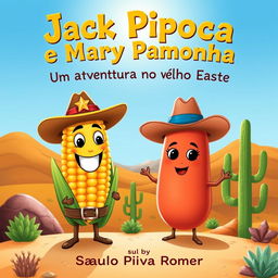 A delightful book cover for a children's story titled 'Jack Pipoca e Mary Pamonha: Uma Aventura no Velho Oeste' by Saulo Piva Romero