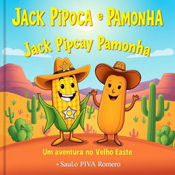 A delightful book cover for a children's story titled 'Jack Pipoca e Mary Pamonha: Uma Aventura no Velho Oeste' by Saulo Piva Romero