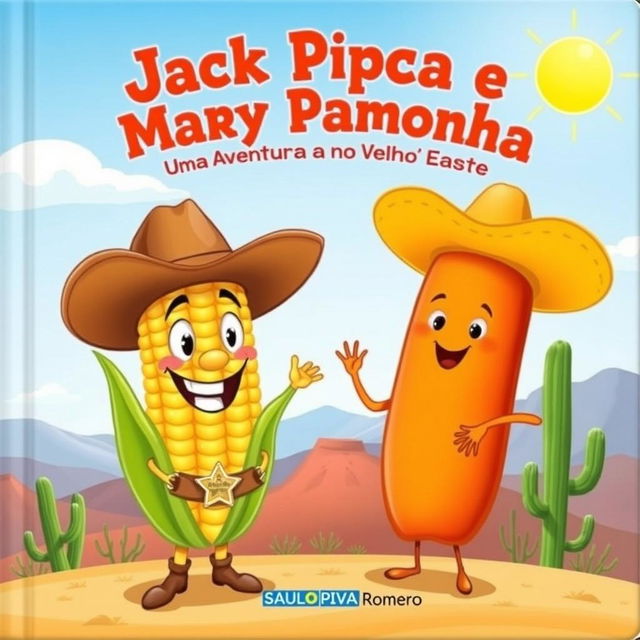 A delightful book cover for a children's story titled 'Jack Pipoca e Mary Pamonha: Uma Aventura no Velho Oeste' by Saulo Piva Romero