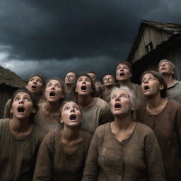 The inhabitants of the rustic village looking up to the darkened sky with expressions of surprise, awe, and fear.