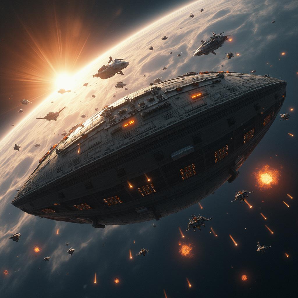 A dramatic space battle scene featuring a gigantic alien space ship shaped like an American football, clashing with numerous smaller human space ships