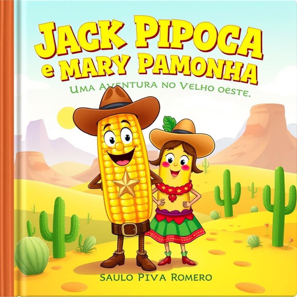 A vibrant and enchanting book cover for a children's story titled 'Jack Pipoca e Mary Pamonha: Uma Aventura no Velho Oeste' by Saulo Piva Romero