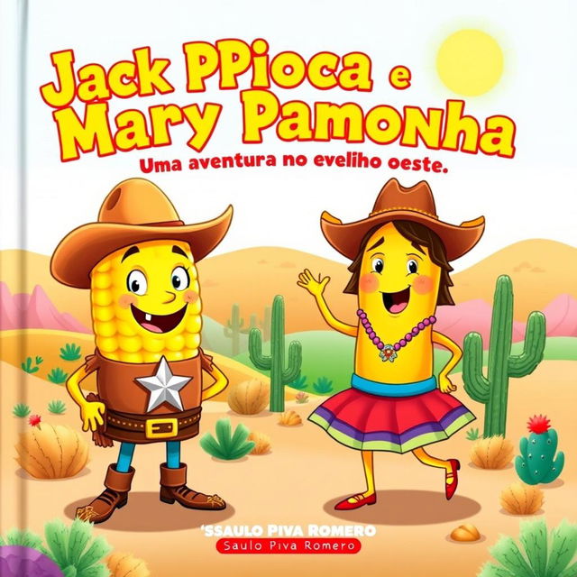 A vibrant and enchanting book cover for a children's story titled 'Jack Pipoca e Mary Pamonha: Uma Aventura no Velho Oeste' by Saulo Piva Romero