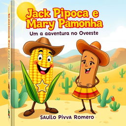 A vibrant and enchanting book cover for a children's story titled 'Jack Pipoca e Mary Pamonha: Uma Aventura no Velho Oeste' by Saulo Piva Romero