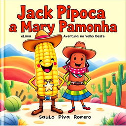 A vibrant and enchanting book cover for a children's story titled 'Jack Pipoca e Mary Pamonha: Uma Aventura no Velho Oeste' by Saulo Piva Romero