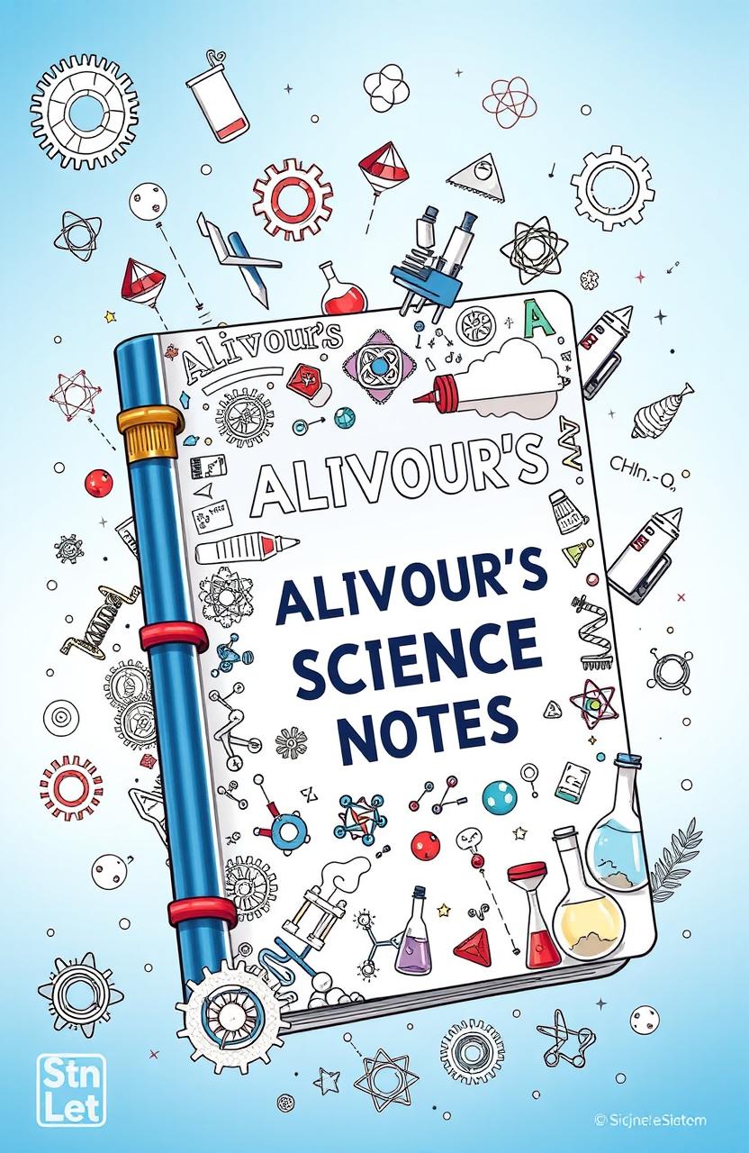 A detailed and colorful illustration of a science notebook titled 'ALIVOUR'S SCIENCE NOTES'