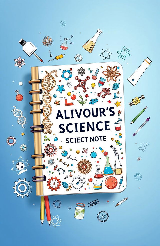 A detailed and colorful illustration of a science notebook titled 'ALIVOUR'S SCIENCE NOTES'