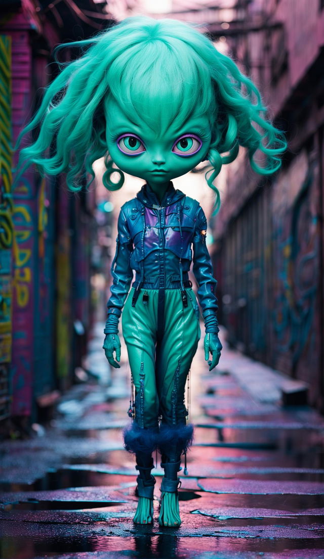 High-resolution photograph of an alien with cyan skin, large eyes with symmetrical detailed pink irises, long dark eyelashes, and a neon purple wig, walking through a cyber-punk alleyway. Captured with a Canon EOS 5DS and an 85mm f/1.2 lens.