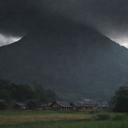 A magnificently ominous sky darkening further, casting a shadow over a previously unseen towering mountain, as the villagers watch in apprehension.