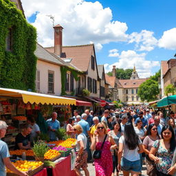 A vibrant and lively street scene filled with people enjoying a sunny day at an outdoor market