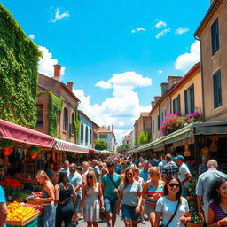 A vibrant and lively street scene filled with people enjoying a sunny day at an outdoor market
