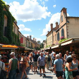 A vibrant and lively street scene filled with people enjoying a sunny day at an outdoor market