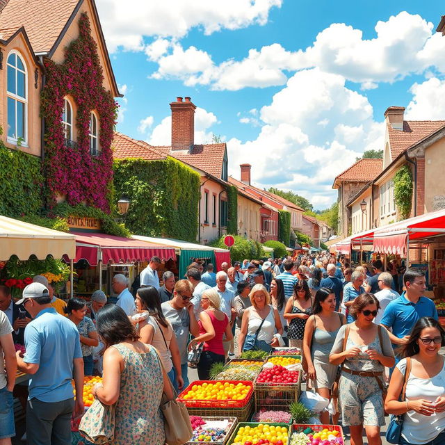 A vibrant and lively street scene filled with people enjoying a sunny day at an outdoor market