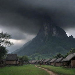 A magnificently ominous sky darkening further, casting a shadow over a previously unseen towering mountain, as the villagers watch in apprehension.