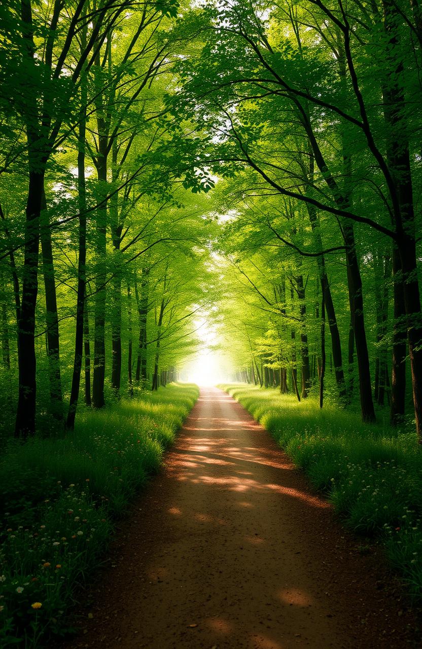 A serene pathway leading toward a bright light at the end, surrounded by a lush, vibrant forest on both sides