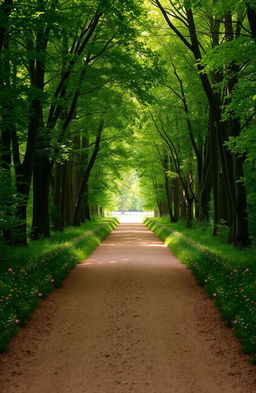 A serene pathway leading toward a bright light at the end, surrounded by a lush, vibrant forest on both sides
